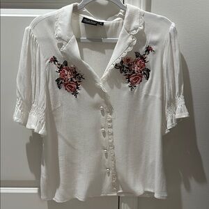 White Embroidered Blouse with Floral Design
